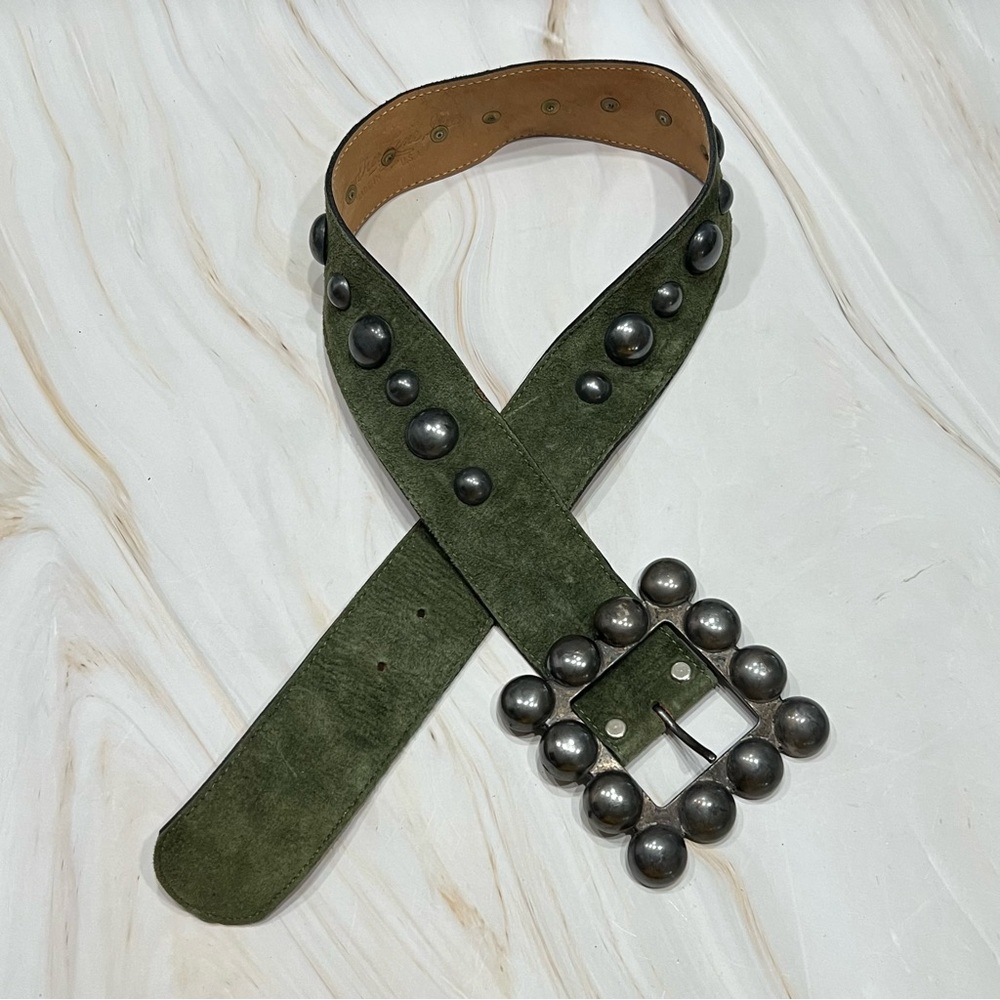 Vintage 90s Green Suede Studded Leather Statement Belt Womens 28 Festival